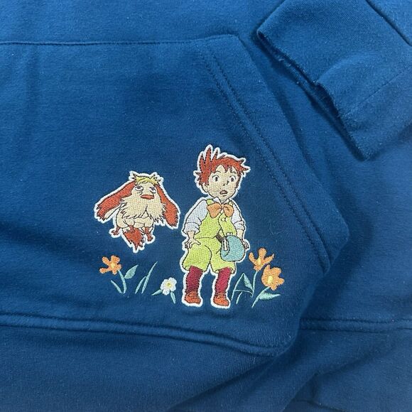 Rare Studio Ghibli Howl's Moving Castle Calcifer Embroidered Hoodie Size L Blue - Picture 2 of 7
